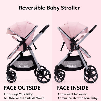 2-In-1 Baby Stroller Foldable With Reversible Seat For Infants And Toddlers 0-36 Months Beige