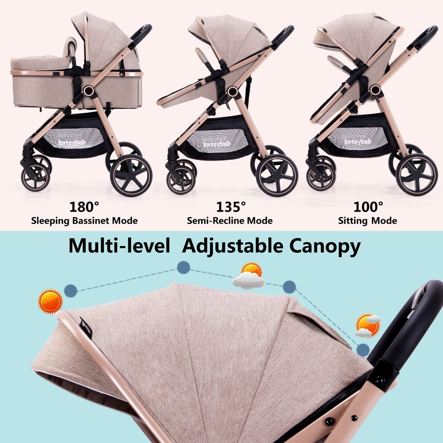 2-In-1 Baby Stroller Foldable With Reversible Seat For Infants And Toddlers 0-36 Months Beige