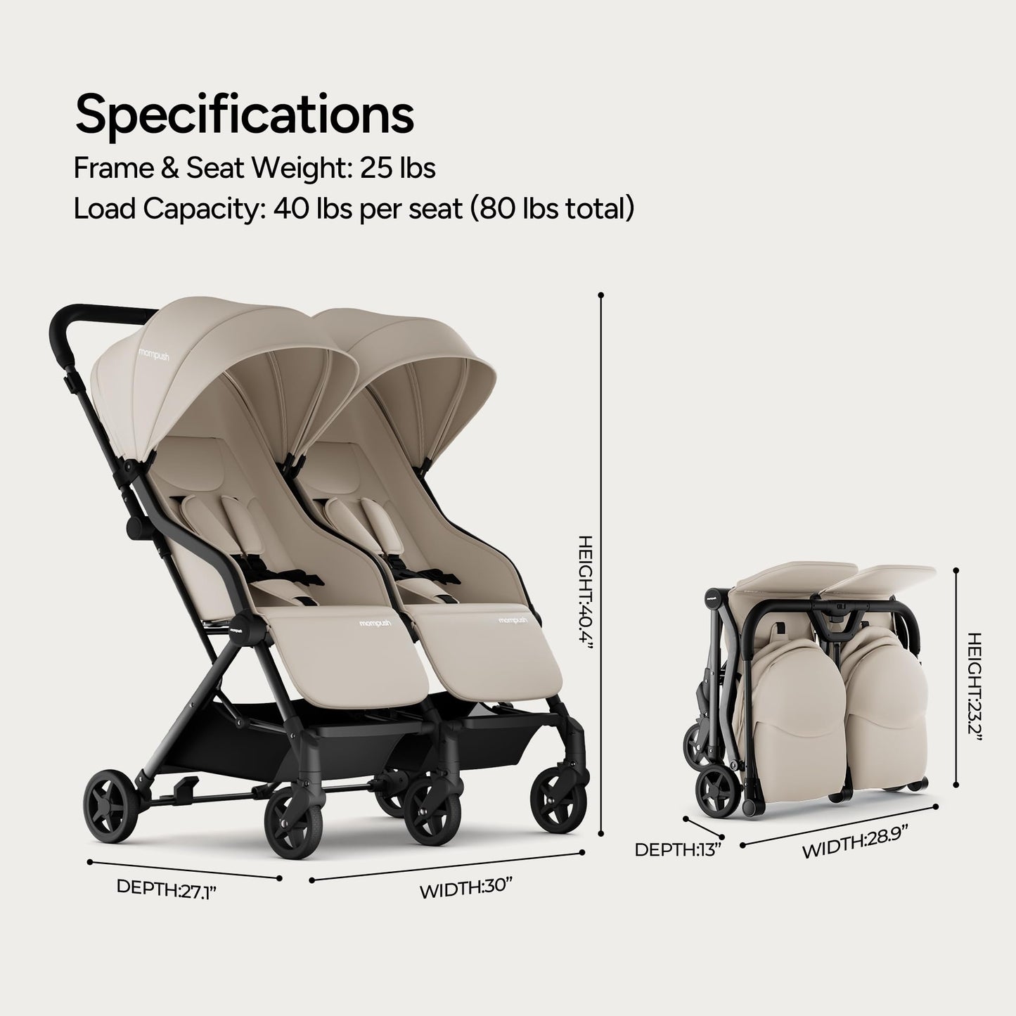 Mompush Lithe Double Stroller Lightweight Side by Side