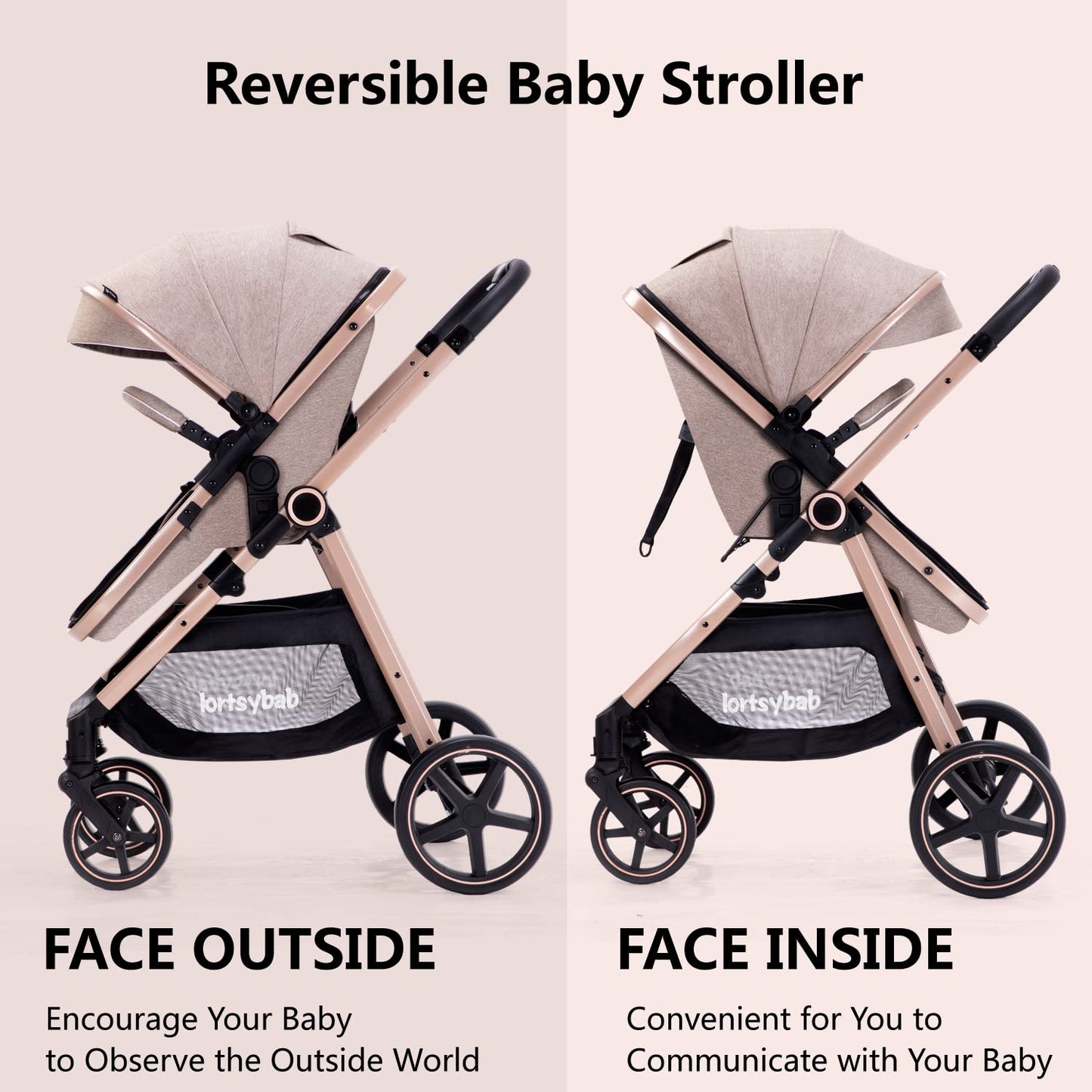 2-In-1 Baby Stroller Foldable With Reversible Seat For Infants And Toddlers 0-36 Months Beige