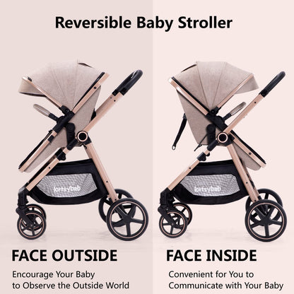2-In-1 Baby Stroller Foldable With Reversible Seat For Infants And Toddlers 0-36 Months Beige