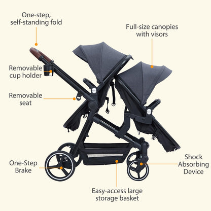 Double Tandem Stroller Newborn and Toddler With Reversible Seat