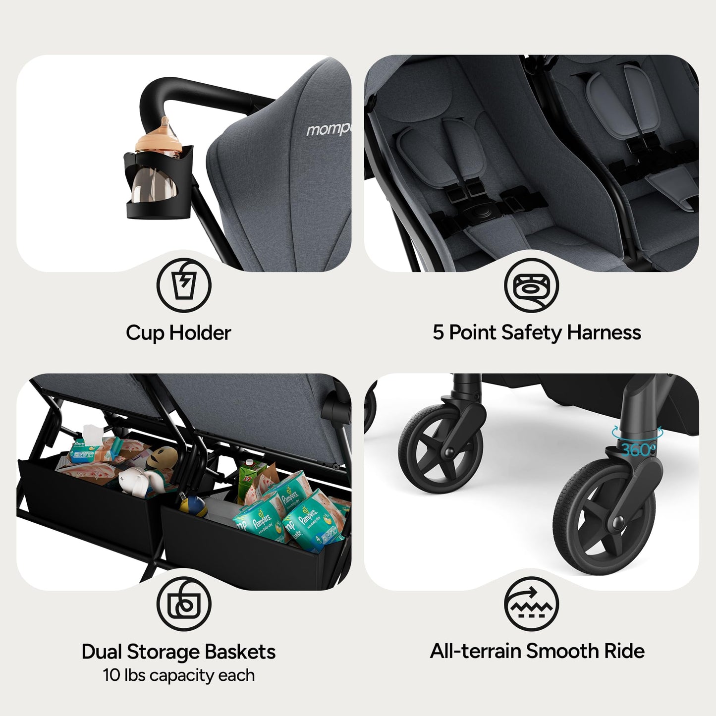 Mompush Lithe Double Stroller Lightweight Side by Side