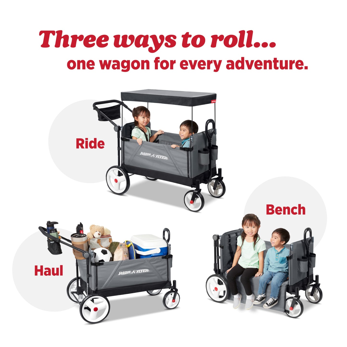 Radio Flyer Convertible Wagon For Kids With Adjustable Handle Cup Holder And Canopy