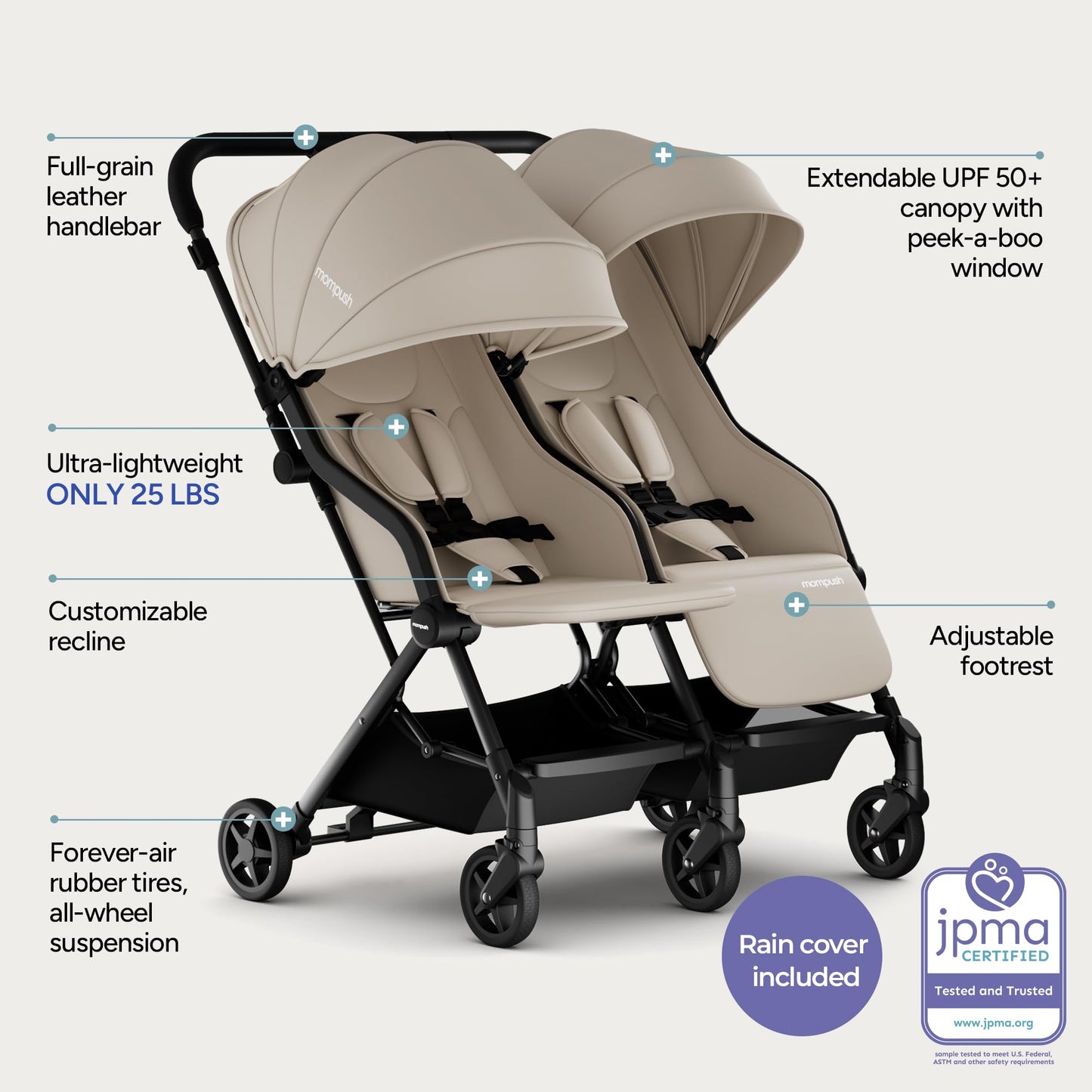 Mompush Lithe Double Stroller Lightweight Side by Side