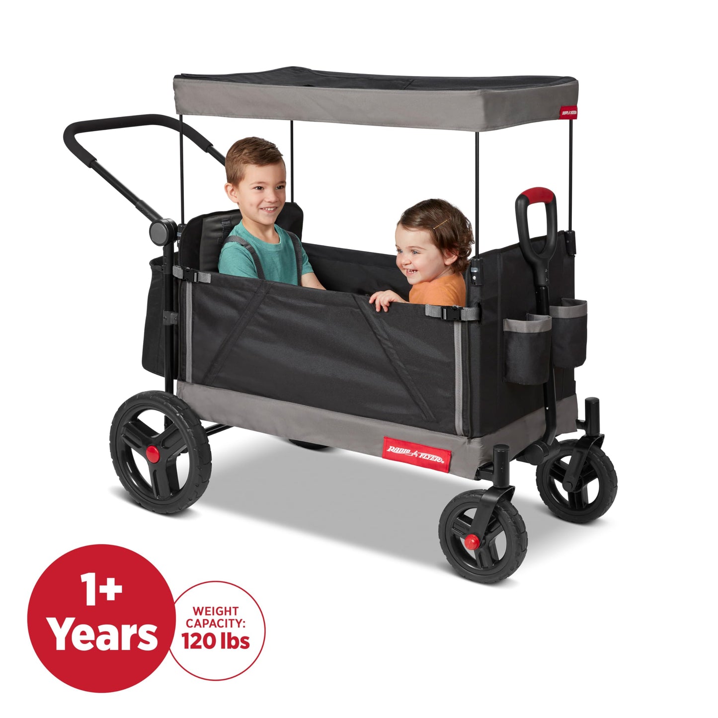 Radio Flyer Convertible Wagon For Kids With Adjustable Handle Cup Holder And Canopy