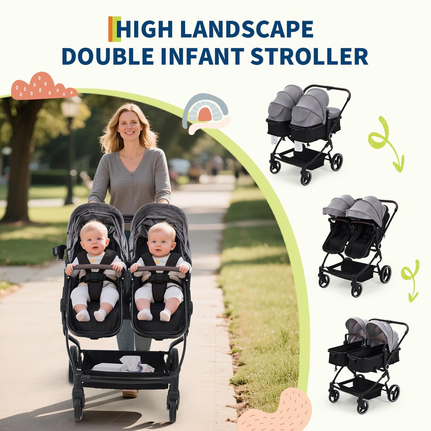 Double Stroller For Twins Lightweight Side By Side Reclining Seats
