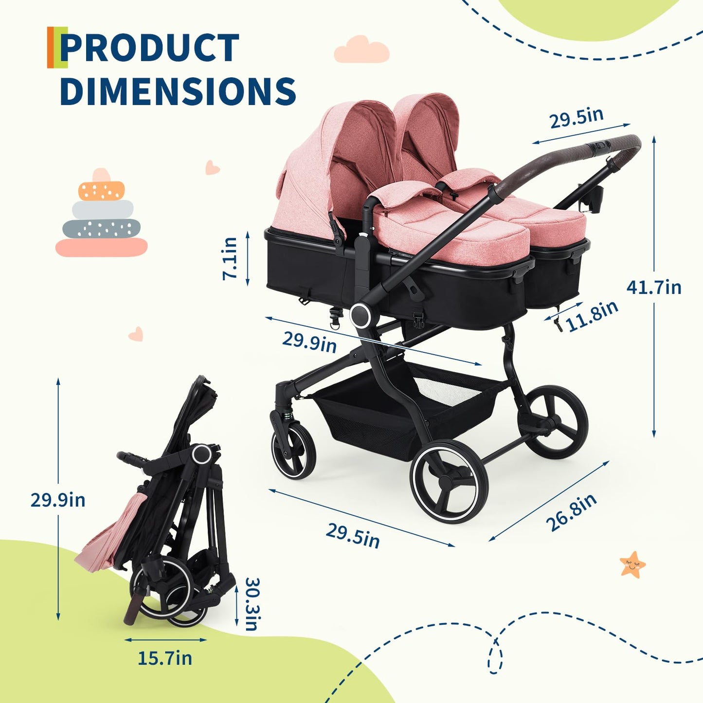 Double Stroller Tandem for Newborn and Toddler with Lightweight Compact Fold for Easy Travel and City Streets Pink