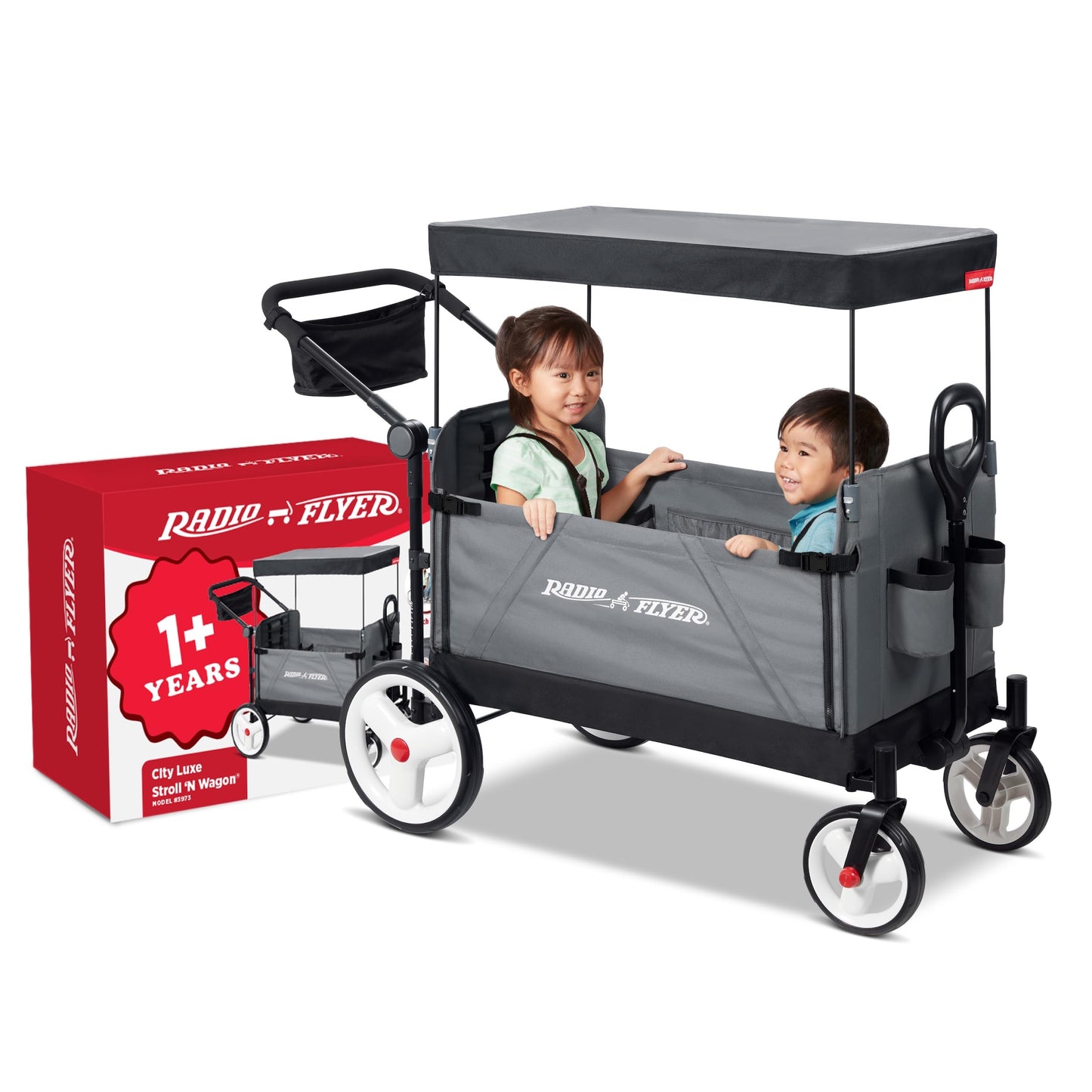 Radio Flyer Convertible Wagon For Kids With Adjustable Handle Cup Holder And Canopy