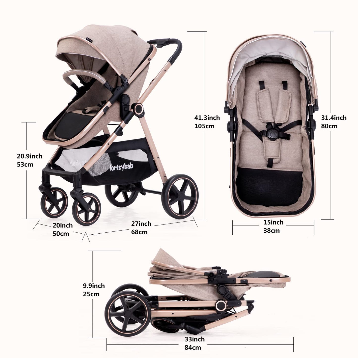 2-In-1 Baby Stroller Foldable With Reversible Seat For Infants And Toddlers 0-36 Months Beige
