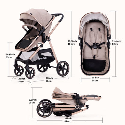 2-In-1 Baby Stroller Foldable With Reversible Seat For Infants And Toddlers 0-36 Months Beige