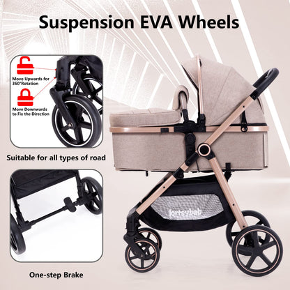 2-In-1 Baby Stroller Foldable With Reversible Seat For Infants And Toddlers 0-36 Months Beige