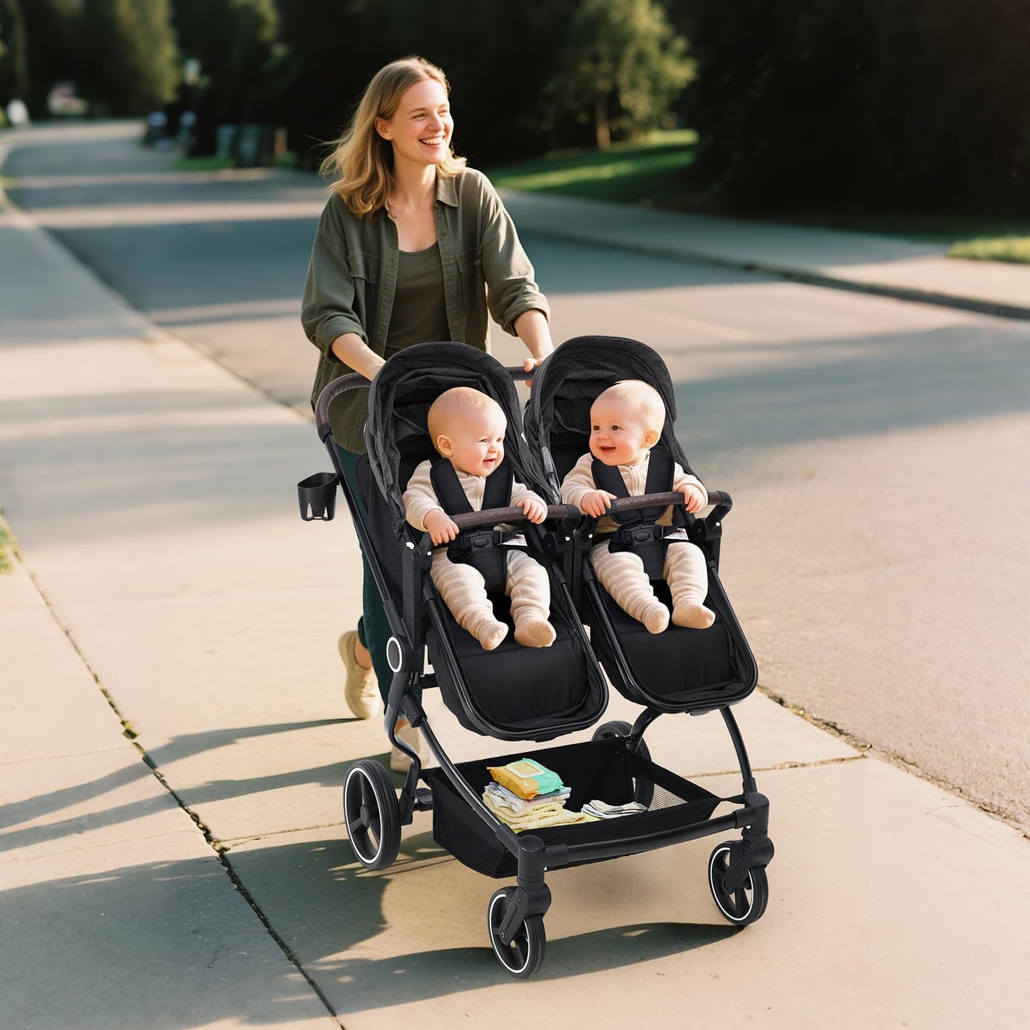 Double Stroller Tandem for Newborn and Toddler with Lightweight Compact Fold for Easy Travel and City Streets Pink