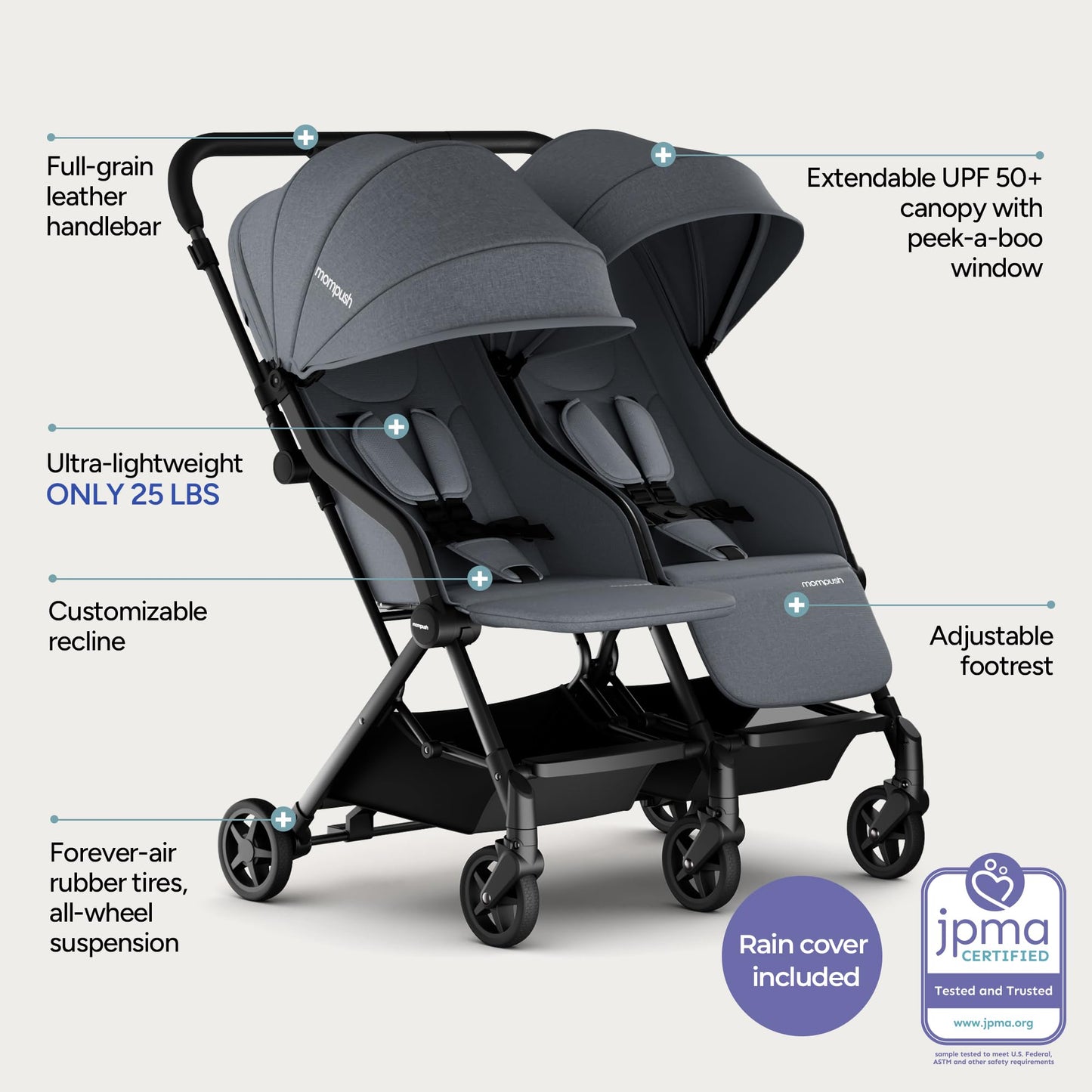 Mompush Lithe Double Stroller Lightweight Side by Side