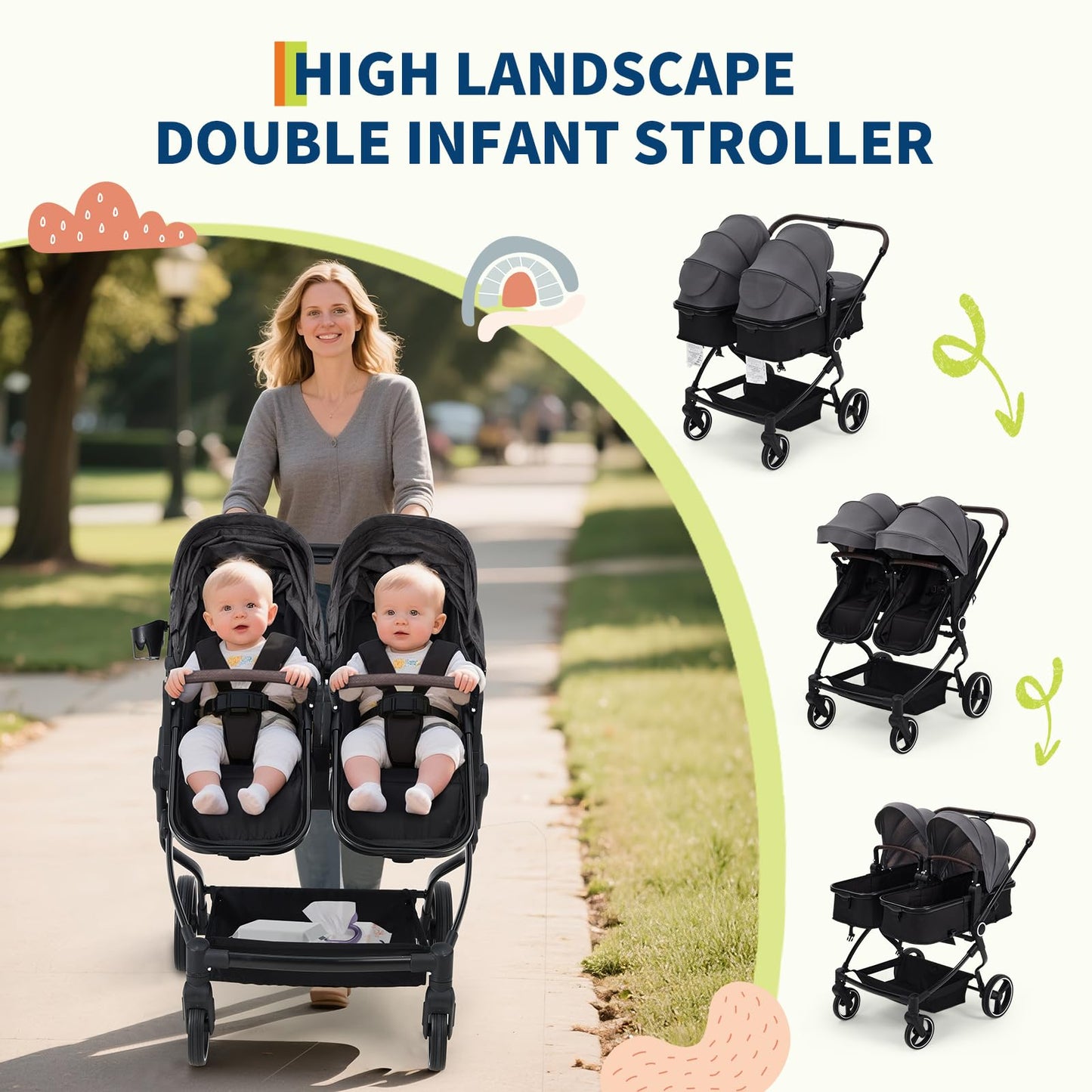 Double Stroller Tandem for Newborn and Toddler with Lightweight Compact Fold for Easy Travel and City Streets Pink