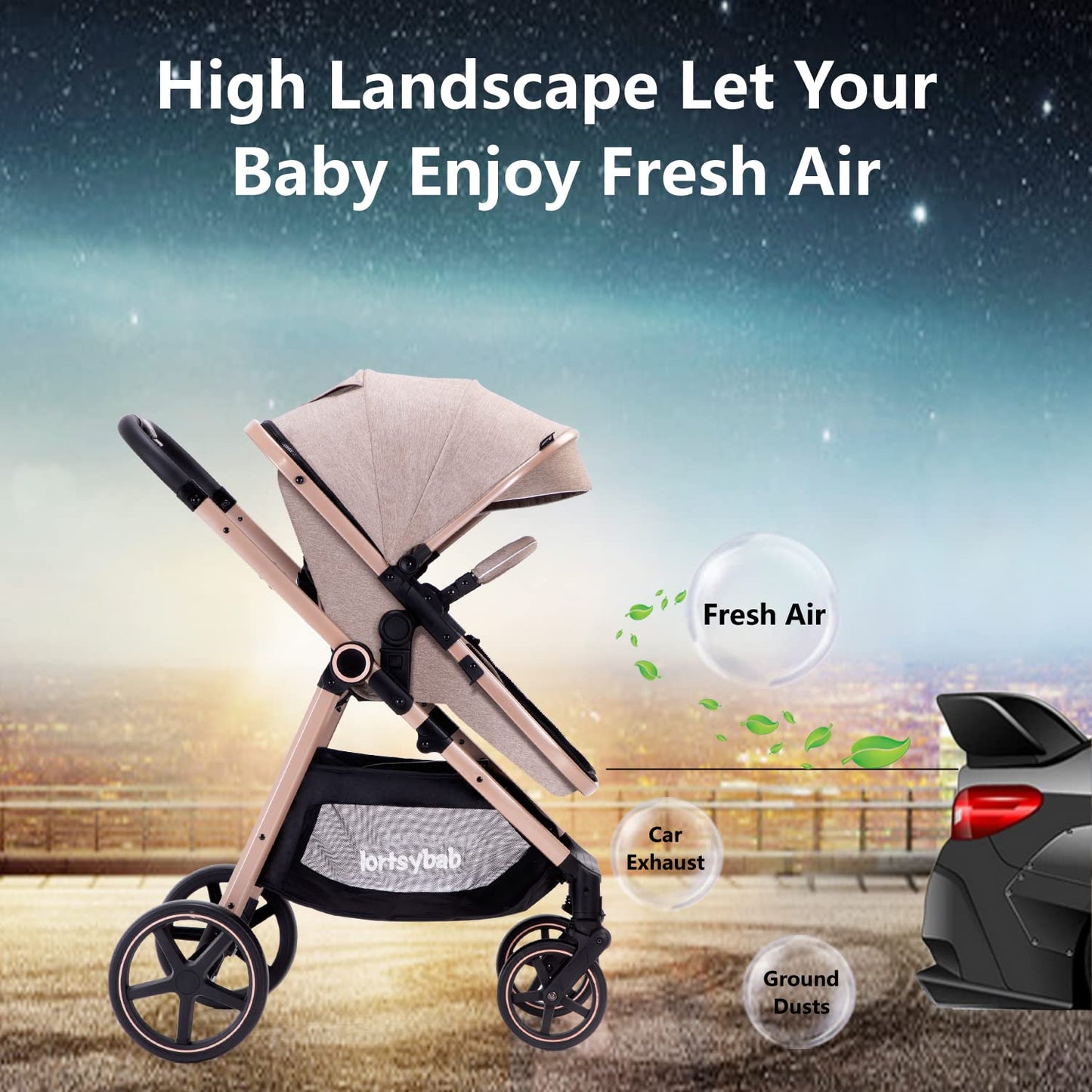 2-In-1 Baby Stroller Foldable With Reversible Seat For Infants And Toddlers 0-36 Months Beige