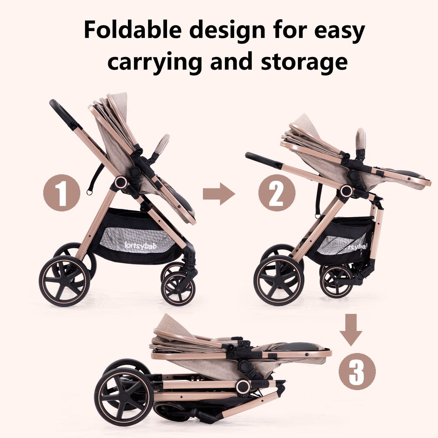 2-In-1 Baby Stroller Foldable With Reversible Seat For Infants And Toddlers 0-36 Months Beige