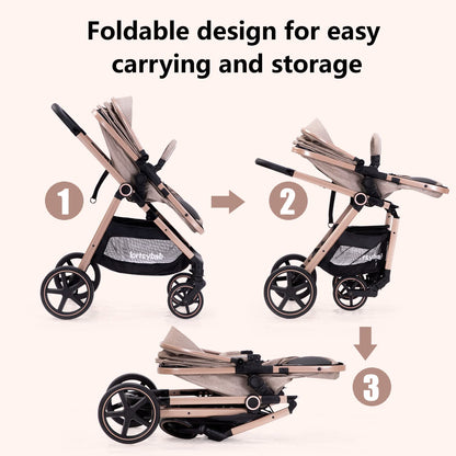 2-In-1 Baby Stroller Foldable With Reversible Seat For Infants And Toddlers 0-36 Months Beige