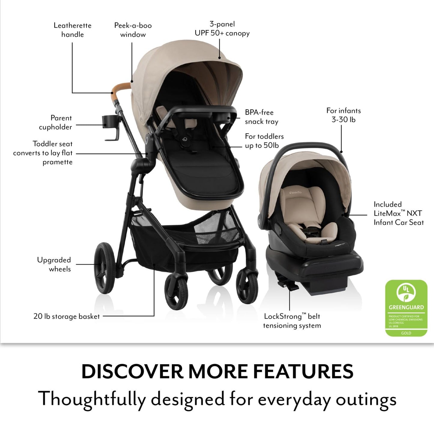 Evenflo Pivot NXT Travel System With LiteMax NXT Infant Car Seat Latte Tan For Easy On The Go