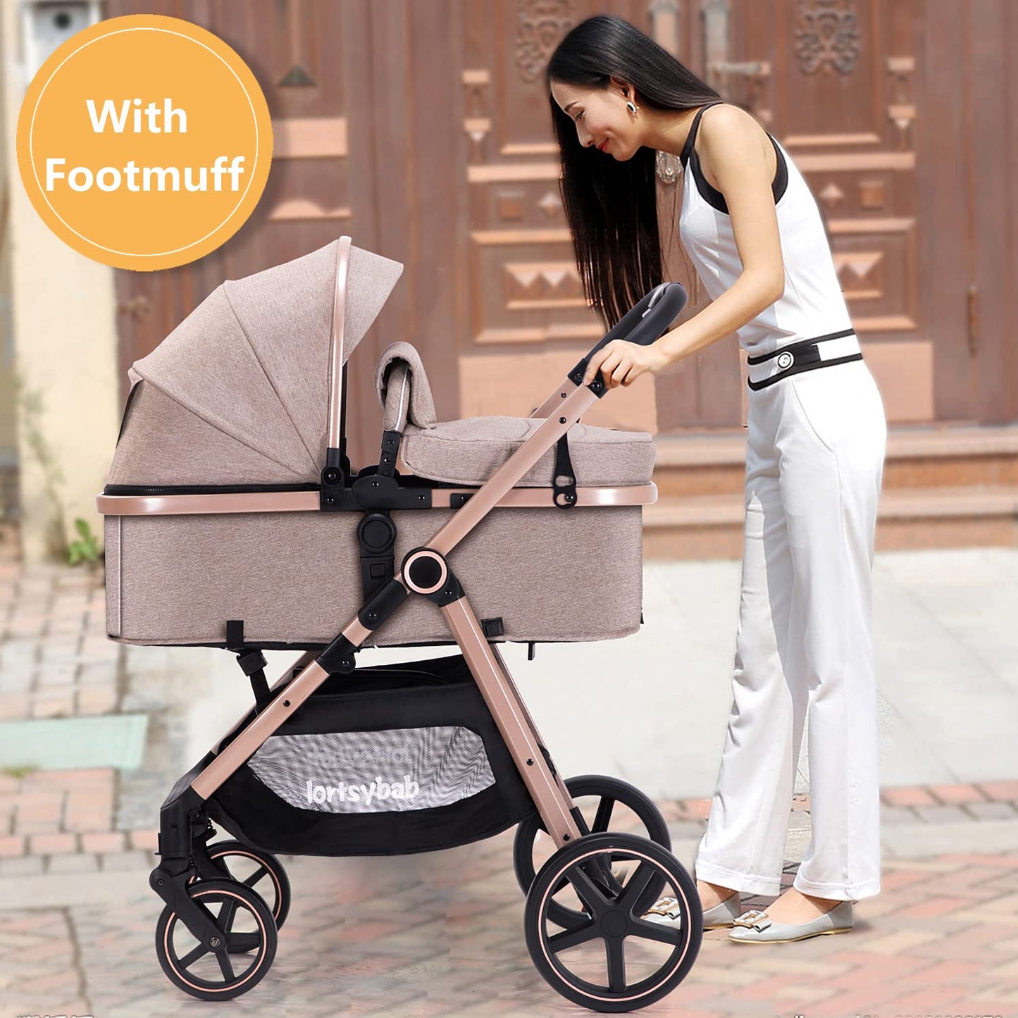 2-In-1 Baby Stroller Foldable With Reversible Seat For Infants And Toddlers 0-36 Months Beige