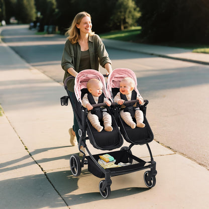 Double Stroller Tandem for Newborn and Toddler with Lightweight Compact Fold for Easy Travel and City Streets Pink