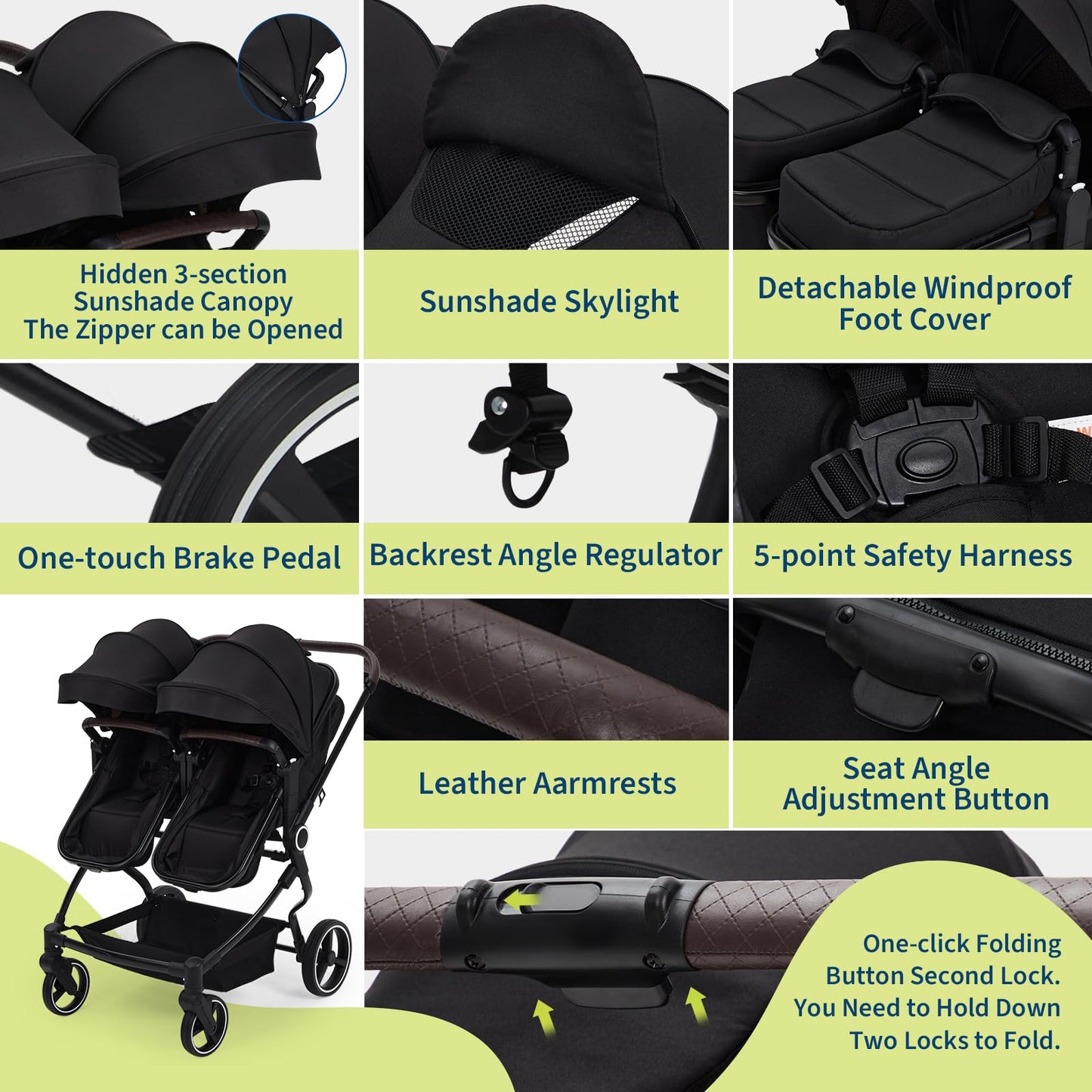 Double Stroller For Twins Lightweight Side By Side Reclining Seats