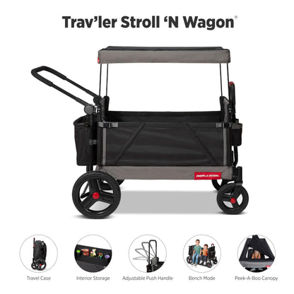 Radio Flyer Convertible Wagon For Kids With Adjustable Handle Cup Holder And Canopy
