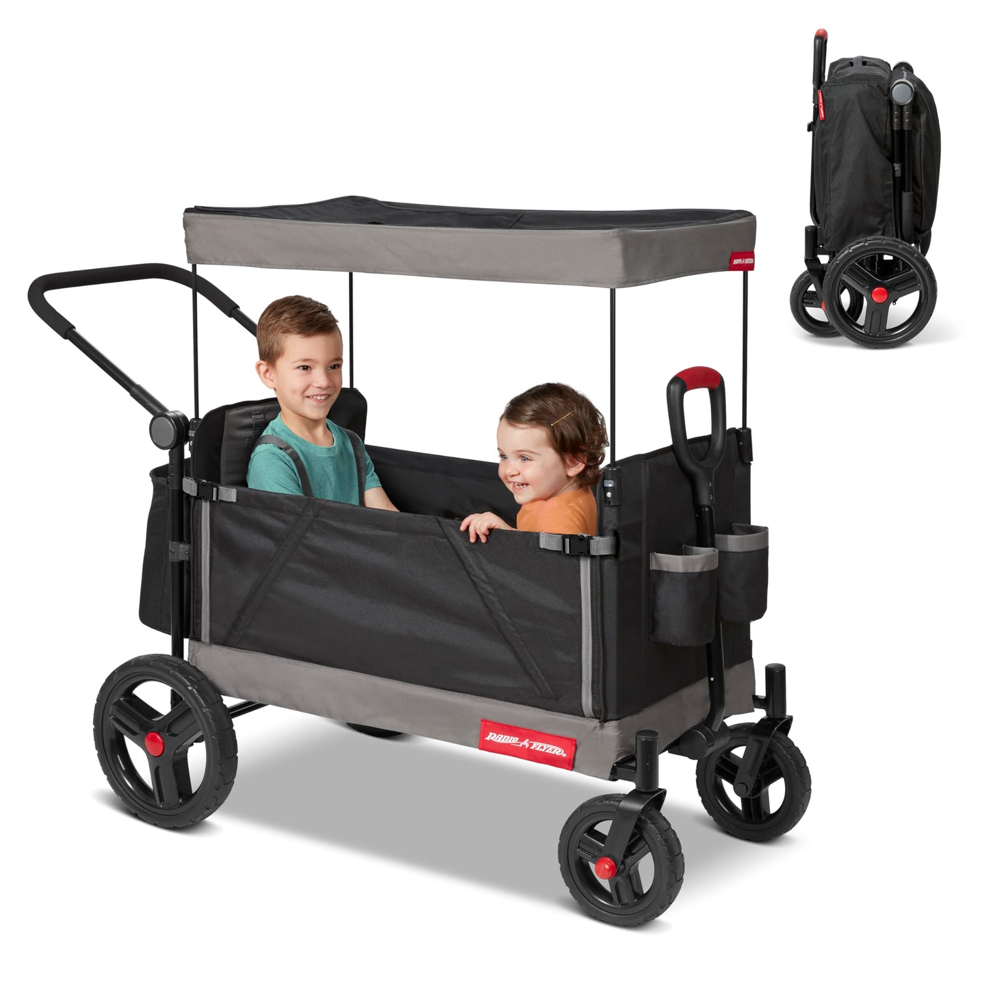 Radio Flyer Convertible Wagon For Kids With Adjustable Handle Cup Holder And Canopy