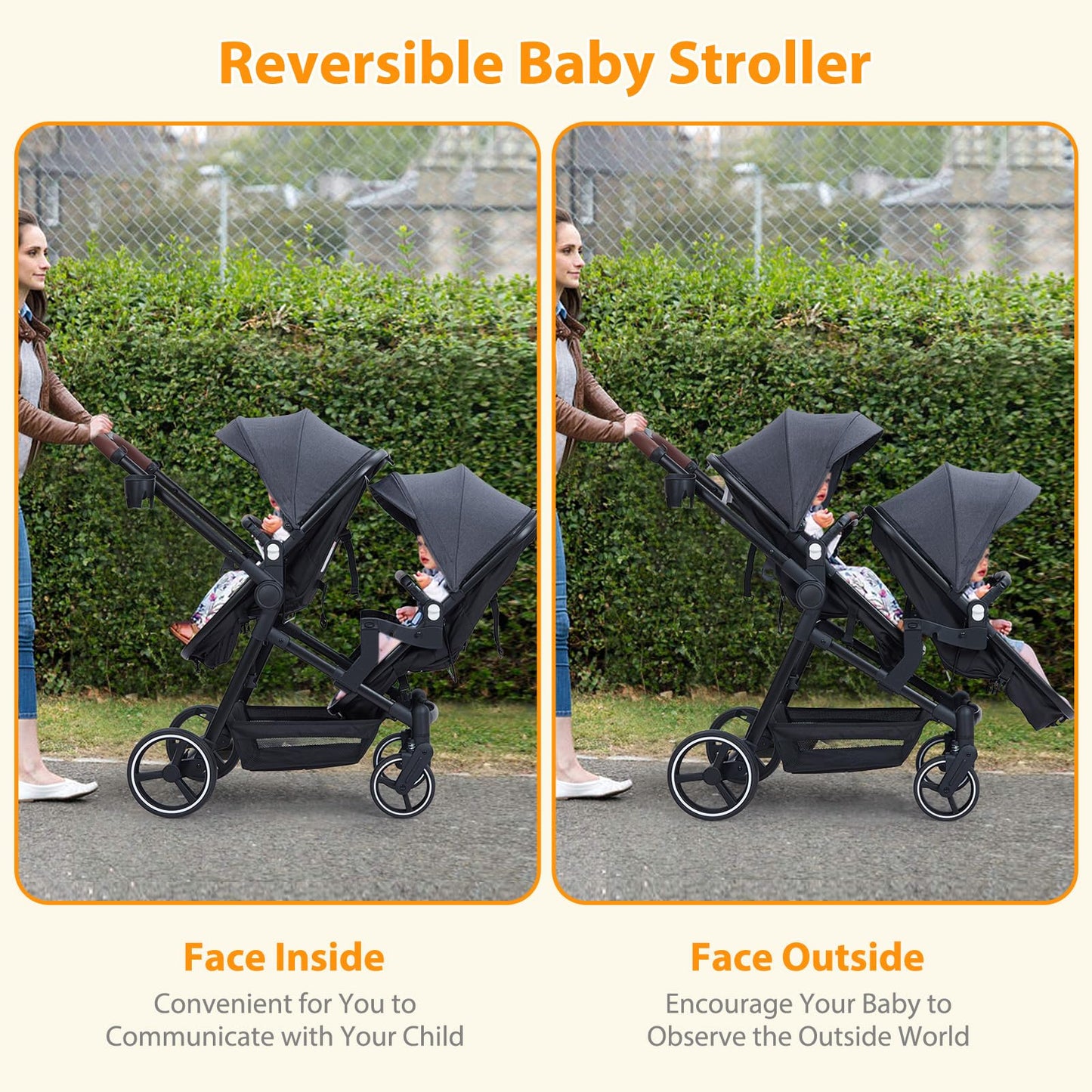 Double Tandem Stroller Newborn and Toddler With Reversible Seat