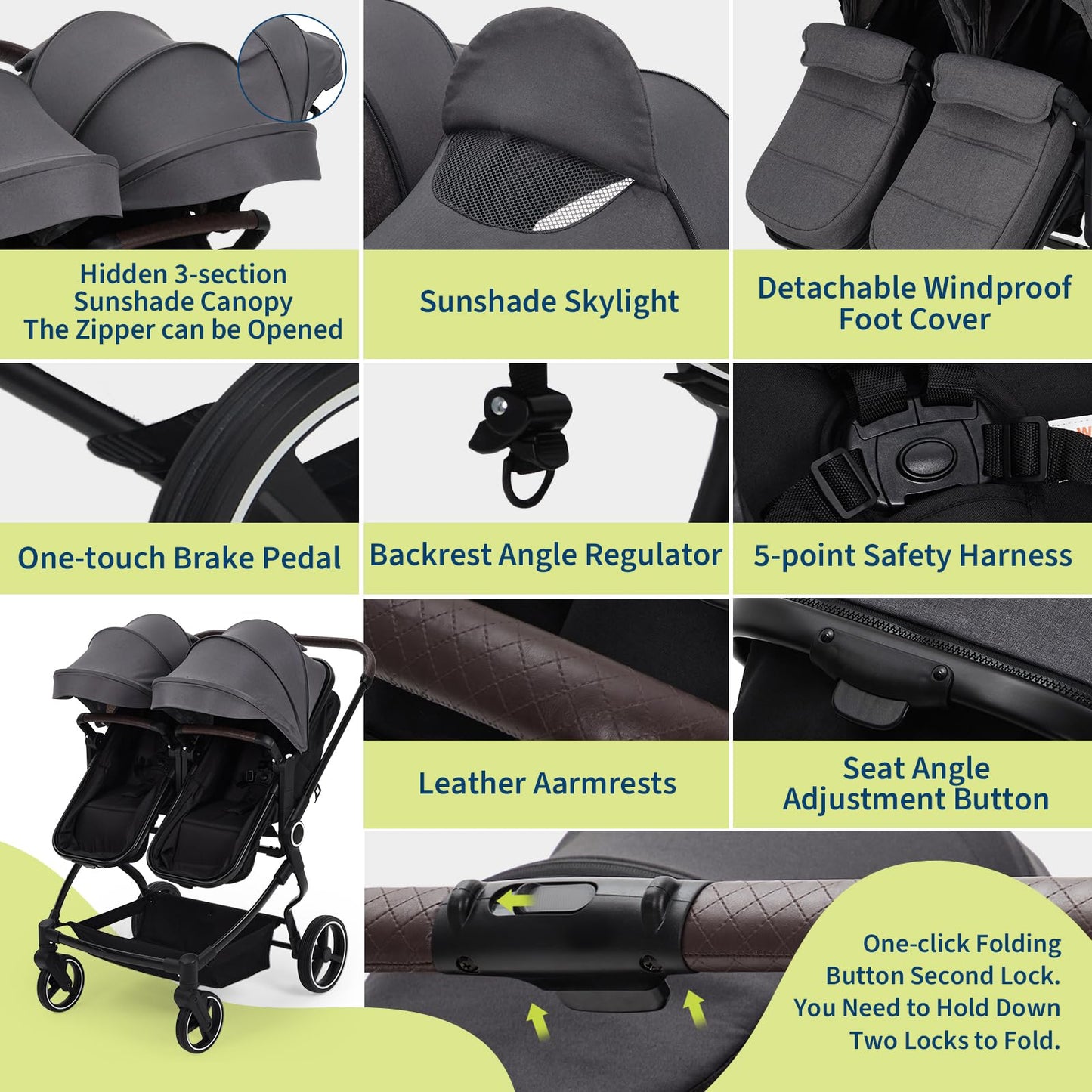 Double Stroller Tandem for Newborn and Toddler with Lightweight Compact Fold for Easy Travel and City Streets Pink