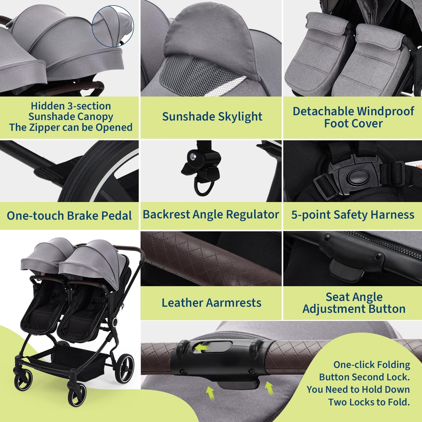 Double Stroller For Twins Lightweight Side By Side Reclining Seats