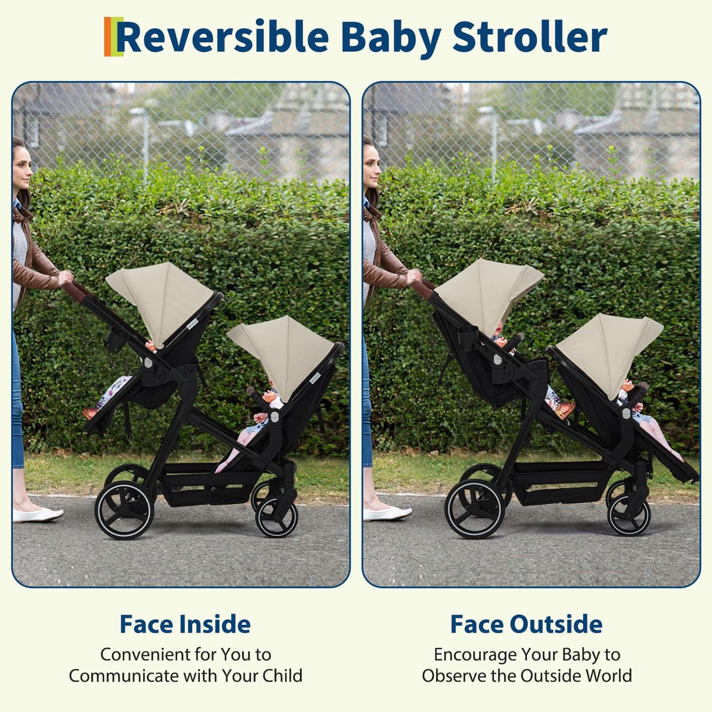 Double Tandem Stroller Newborn and Toddler With Reversible Seat