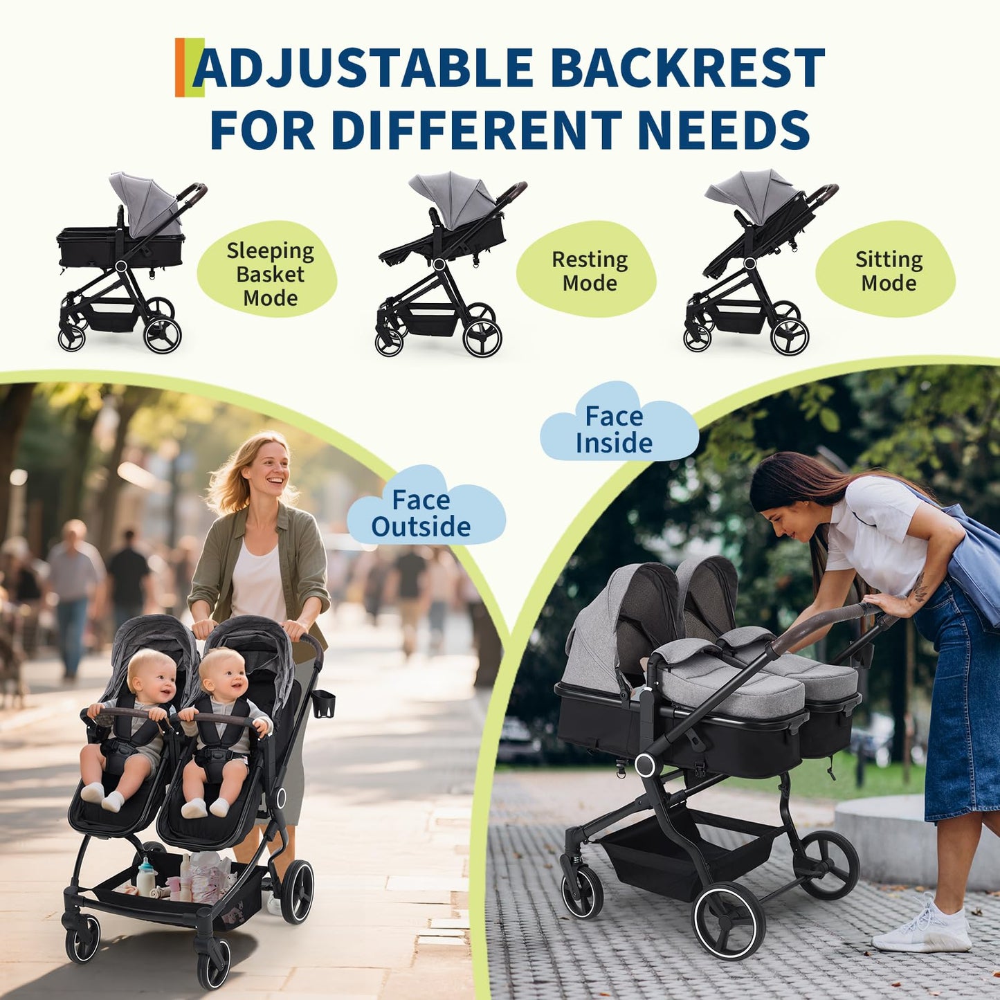 Double Stroller For Twins Lightweight Side By Side Reclining Seats