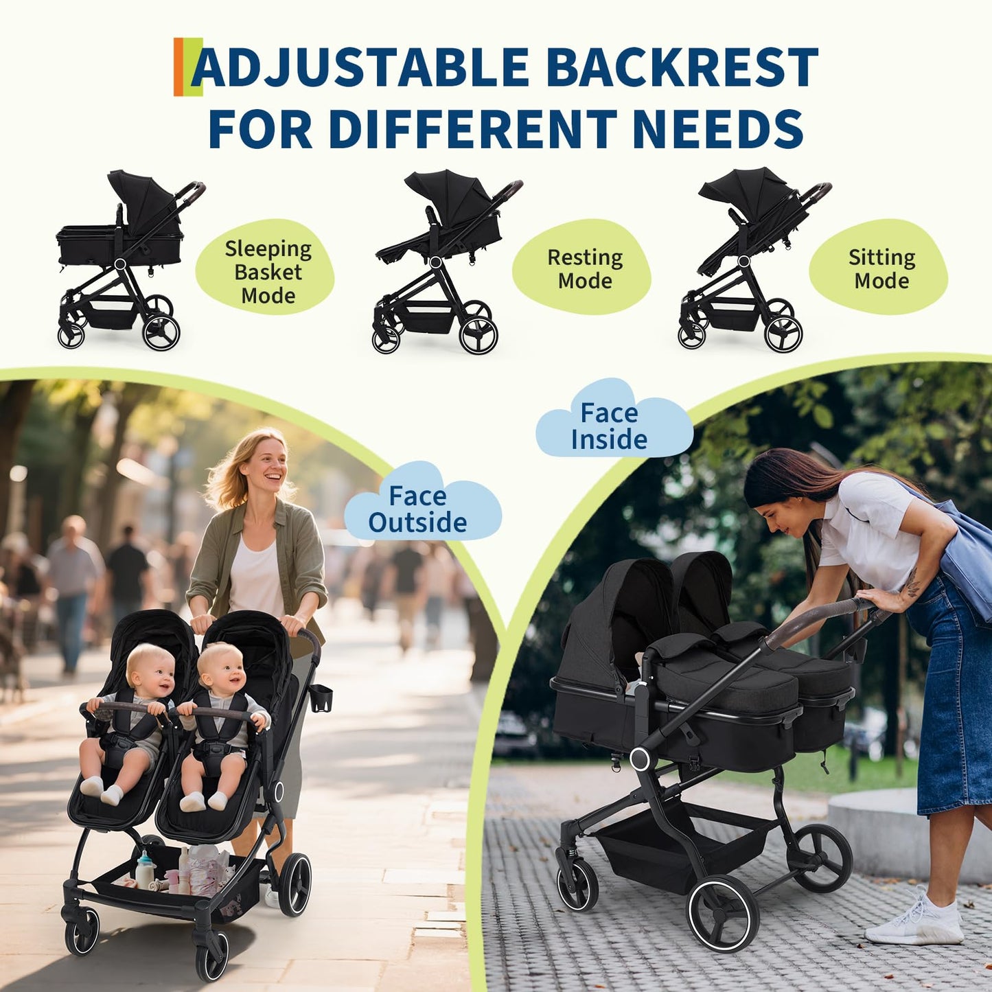 Double Stroller For Twins Lightweight Side By Side Reclining Seats