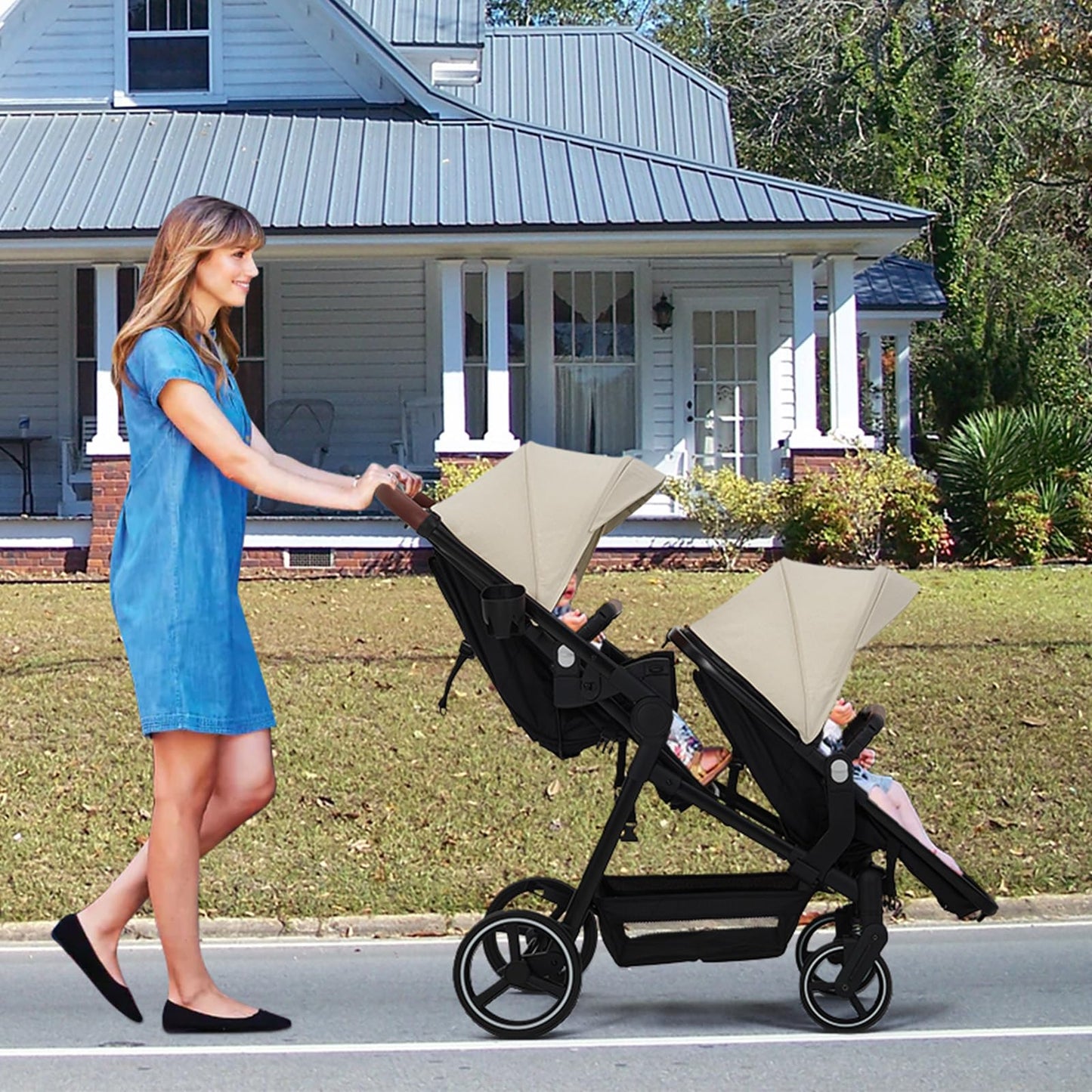 Double Tandem Stroller Newborn and Toddler With Reversible Seat