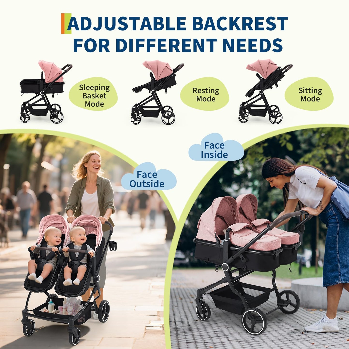 Double Stroller For Twins Lightweight Side By Side Reclining Seats