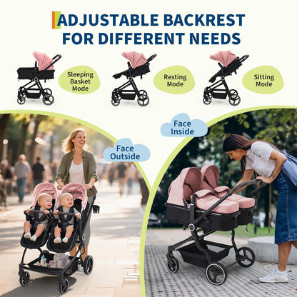Double Stroller Tandem for Newborn and Toddler with Lightweight Compact Fold for Easy Travel and City Streets Pink