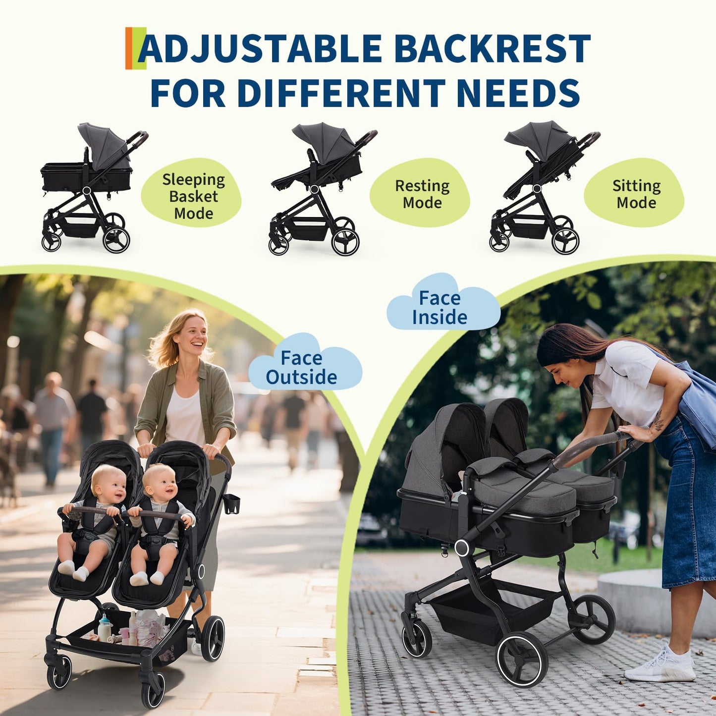 Double Stroller Tandem for Newborn and Toddler with Lightweight Compact Fold for Easy Travel and City Streets Pink