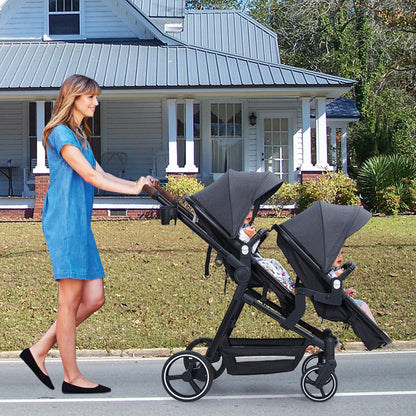 Double Tandem Stroller Newborn and Toddler With Reversible Seat