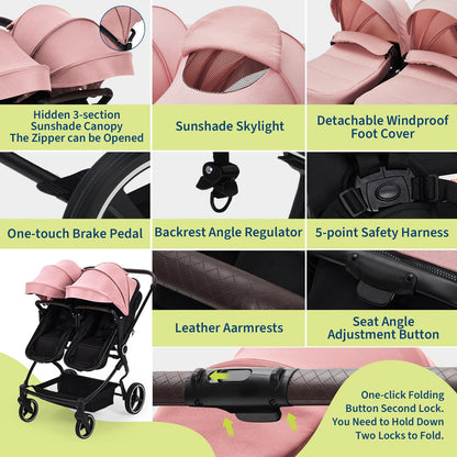 Double Stroller Tandem for Newborn and Toddler with Lightweight Compact Fold for Easy Travel and City Streets Pink